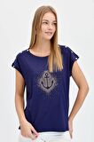 Kadın Sıfır Yaka Önü Taşlı Çapalı Tshirt Lacivert