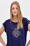 Kadın Sıfır Yaka Önü Taşlı Çapalı Tshirt Lacivert