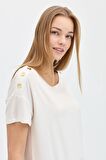 Kadın Sıfır Yaka Omuzları Düğmeli Tshirt Ekru