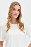 Kadın Sıfır Yaka Flamlı Kumaş Penye Tshirt Ekru