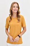 Kadın Sıfır Yaka Flamlı Kumaş Penye Tshirt Hardal