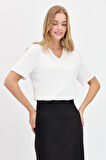 Kadın V Yaka Flamlı Kumaş Basic Tshirt Ekru