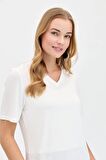 Kadın V Yaka Flamlı Kumaş Basic Tshirt Ekru