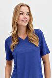 Kadın V Yaka Flamlı Kumaş Basic Tshirt İndigo