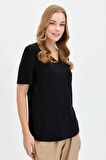 Kadın V Yaka Flamlı Kumaş Basic Tshirt Siyah