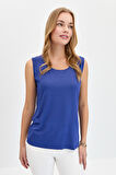 Kadın Sıfır Yaka Flamlı Kumaş Basic Askılı Tshirt İndigo