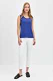 Kadın Sıfır Yaka Flamlı Kumaş Basic Askılı Tshirt İndigo