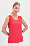 Kadın Sıfır Yaka Flamlı Kumaş Basic Askılı Tshirt Mercan