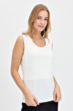 Kadın Sıfır Yaka Flamlı Kumaş Basic Askılı Tshirt Ekru