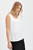 Kadın Sıfır Yaka Flamlı Kumaş Basic Askılı Tshirt Ekru