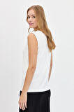 Kadın Sıfır Yaka Flamlı Kumaş Basic Askılı Tshirt Ekru