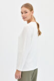 Kadın Sıfır Yaka Flamlı Kumaş Basic Penye Bluz Ekru