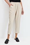 Kadın Beli Lastikli Yan Cepli Havuç Kesim Keten Pantolon Bej
