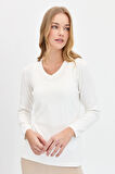 Kadın Likralı Uzun Kol Basic V Yaka Bluz Kemik
