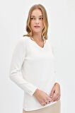 Kadın Likralı Uzun Kol Basic V Yaka Bluz Kemik