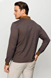 Erkek Polo Yaka Jakarlı Minik Desenli Sweatshirt Kahve