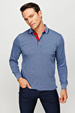 Erkek Polo Yaka Kare Desenli Uzun Kollu Sweatshirt Lacivert