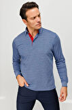 Erkek Polo Yaka Desenli Uzun Kollu Sweatshirt Lacivert