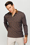 Erkek Polo Yaka Yelken Desenli Sweatshirt Kahve