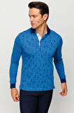 Erkek Polo Yaka Yelken Desenli Sweatshirt Saks