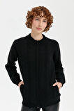 Kadın Dik Yaka Dikişsiz Önü Saç Örgülü Yün Hırka Siyah