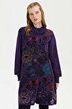Kadın Dik Yaka Önü Renkli Çiçekli Uzun Yün Kaban K.Mor
