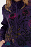 Kadın Dik Yaka Önü Renkli Çiçekli Uzun Yün Kaban K.Mor