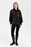 Kadın Dik Yaka Önü Renkli Çiçekli Kısa Yün Ceket Siyah