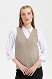 Kadın V Yaka Dikişsiz Yelek Vizon