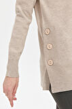 Kadın Sıfır Yaka Dikişsiz Yanları Düğmeli Simli Bluz Bej/Melanj