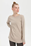 Kadın Sıfır Yaka Dikişsiz Yanları Düğmeli Simli Bluz Bej/Melanj