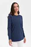 Kadın Sıfır Yaka Dikişsiz Yanları Düğmeli Simli Bluz Lacivert