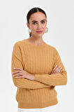 Kadın Sıfır Yaka Saç Örgülü Kazak Camel