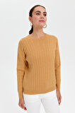 Kadın Sıfır Yaka Saç Örgülü Kazak Camel