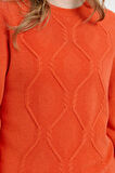 Kadın Sıfır Yaka Dikişsiz Önü Baklava Örgü Yün Kazak Portakal