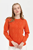 Kadın Sıfır Yaka Dikişsiz Önü Baklava Örgü Yün Kazak Portakal