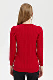 Kadın Sıfır Yaka Dikişsiz Saç Örgülü Hırka K.Kırmızı
