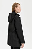 Kadın Kapüşonlu Kapaklı Cepli Kısa Trençkot Siyah