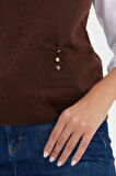 Kadın Sıfır Yaka Dikişsiz Cepli Yün Süveter M.Kahve