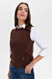 Kadın Sıfır Yaka Dikişsiz Cepli Yün Süveter M.Kahve