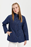 Kadın Önü Çıtçıtlı Soğan Desenli Kısa Kapitone Ceket Lacivert