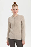 Kadın Sıfır Yaka Dikişsiz Fermuarlı Yün Hırka V.Bej