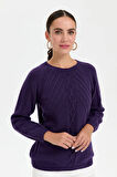 Kadın Sıfır Yaka Dikişsiz Önü Yürütmeli Yün Kazak K.Mor