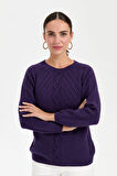 Kadın Sıfır Yaka Dikişsiz Önü Yürütmeli Yün Kazak K.Mor