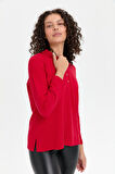 Kadın Polo Yaka Yanı Yırtmaçlı Kazak K.Kırmızı