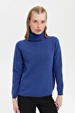 Kadın Tam Balıkçı Yaka Klasik Yün Kazak Mavi