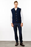 Erkek V Yaka Astarlı Saf Yün Keçe Yelek Y.A.Lacivert