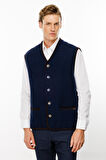 Erkek V Yaka Astarlı Saf Yün Keçe Yelek Y.A.Lacivert