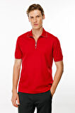 Erkek Polo Yaka Yakası Fermuarlı T-shirt Kırmızı