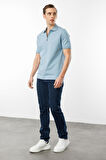 Erkek Polo Yaka Yakası Fermuarlı T-shirt Mavi